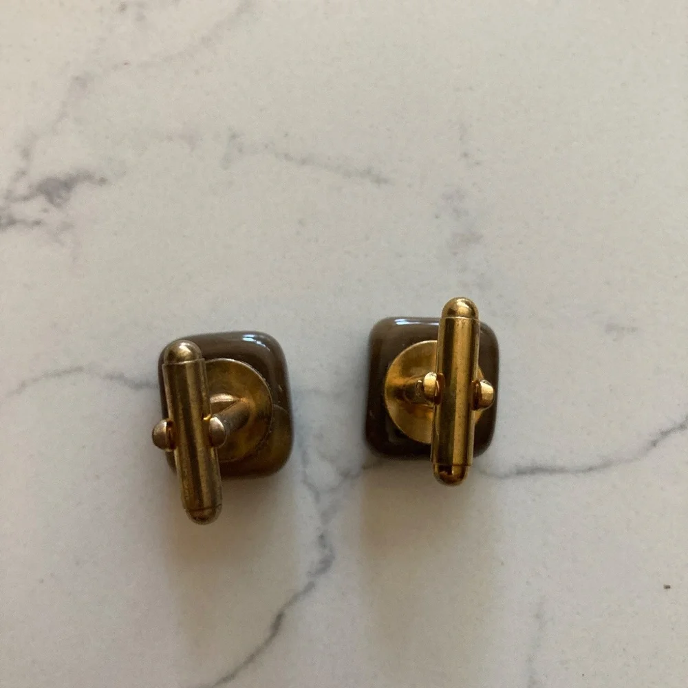 Set of Brown Polished Stone Cufflinks Goldstone Rectangle